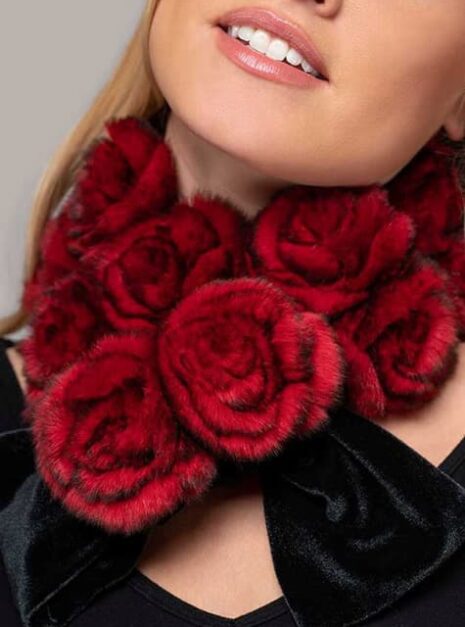 Amelia Fur Rosettes Scarf in Red Black color