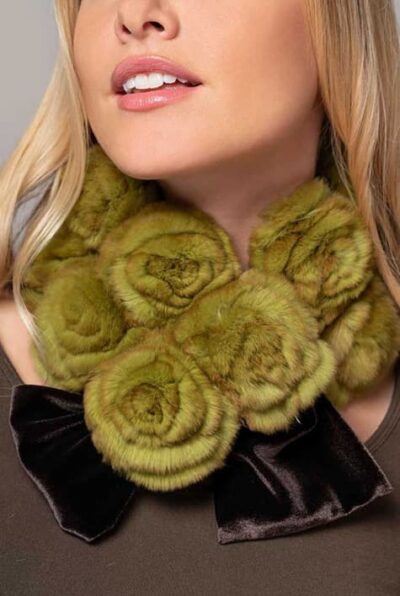 Amelia Fur Rosettes scarf in lime brown color Velvet Neck Warmer i
