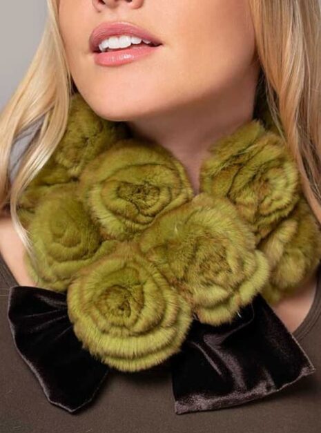 Amelia Fur Rosettes scarf in lime brown color Velvet Neck Warmer i