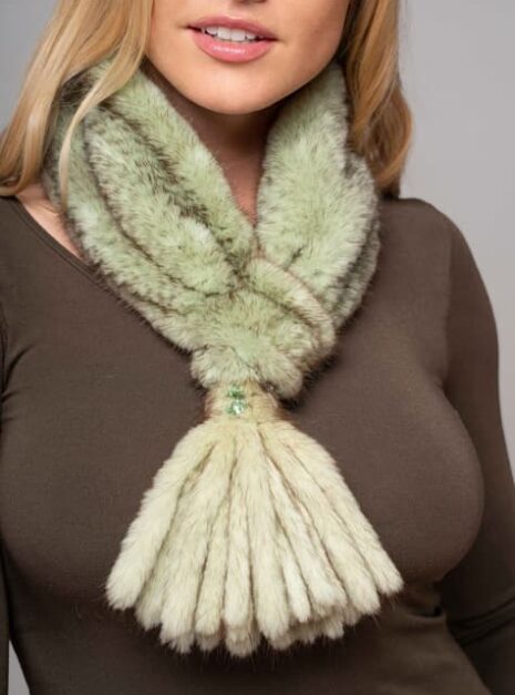 Olivia Knitted Mink Scarf, Fringe and loop Design in Pistachio Color
