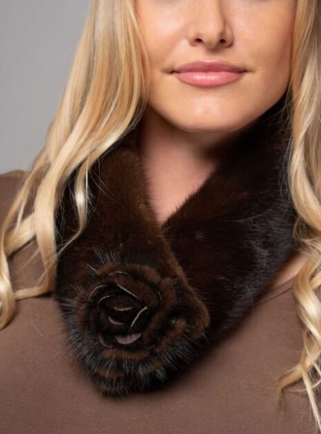 Rida Mink Scarf with Rosette Broach in Brown Color