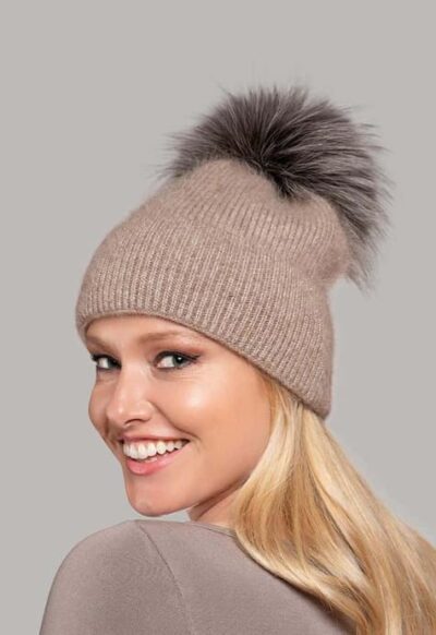 Lenora Knitted Hat with Pompom in Oatmeal color