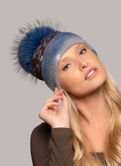 Toby Knitted Hat Fur Pompom Brown Blue color