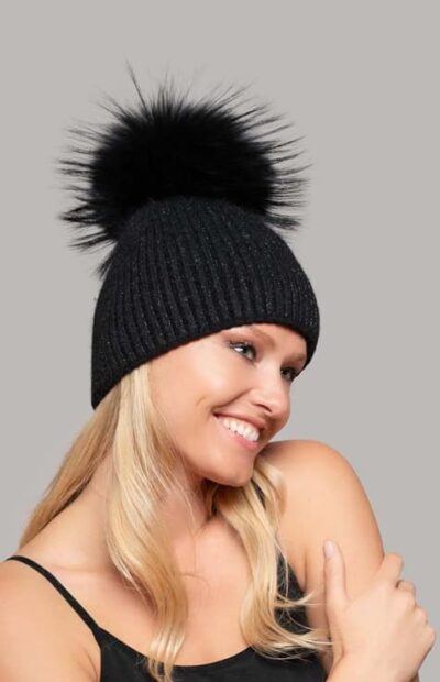 Zoe Knit Hat with Real Fur Pompom in Black