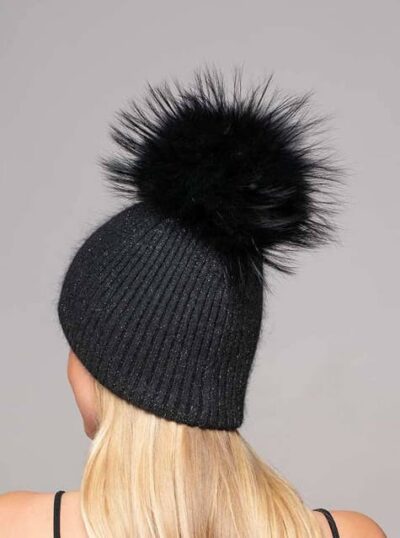 Zoe Beanie Knitted Hat with Fur Pompom in Black