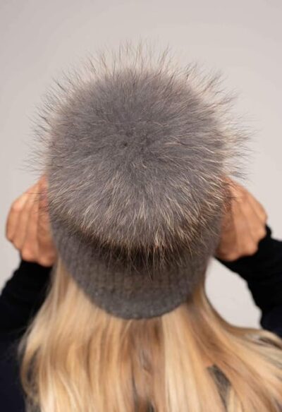Zoe Beanie Knitted Hat with Fur Pompom in Dark Grey