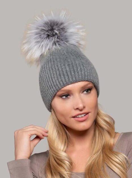 Zoe Beanie Knit Hat Real Fur Pompom in Frost Grey
