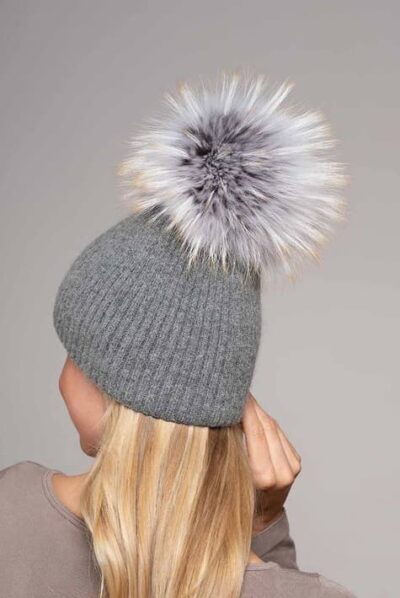 Zoe Beanie Knitted Hat with Frost Fur Pompom in Frost Dark Grey