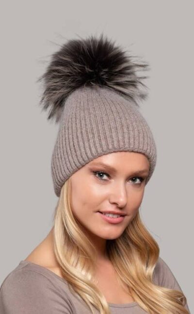 Zoe Beanie Hat with Real Fur Pompom Oatmeal color