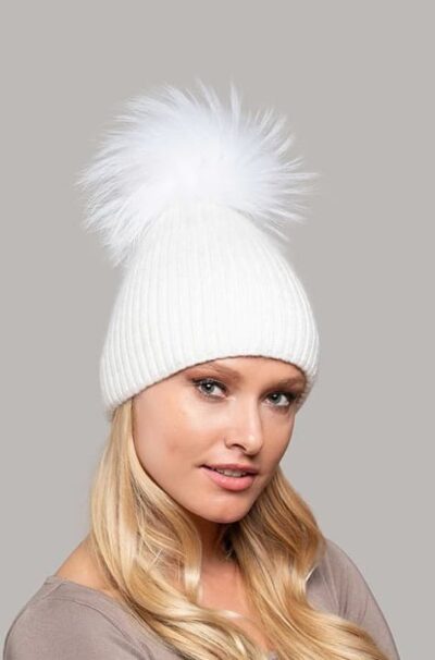 Zoe Beanie Knitted Hat with Fur Pompom in White