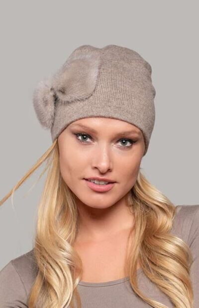 Blaire Beanie with Mink Bow in Beige color