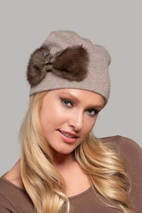 Blaire Hat with Mink Bow in Beige Brown color