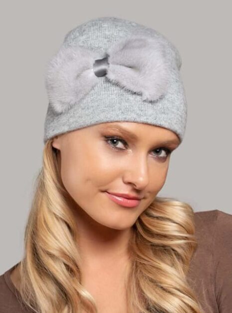 Beanie with Mink Bow in Cloud Grey color