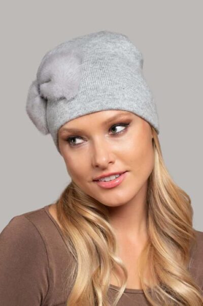Beanie with Mink Bow in Cloud Grey color