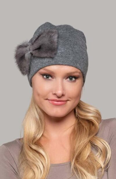 Blaire Beanie with Mink Bow in Dark Grey color