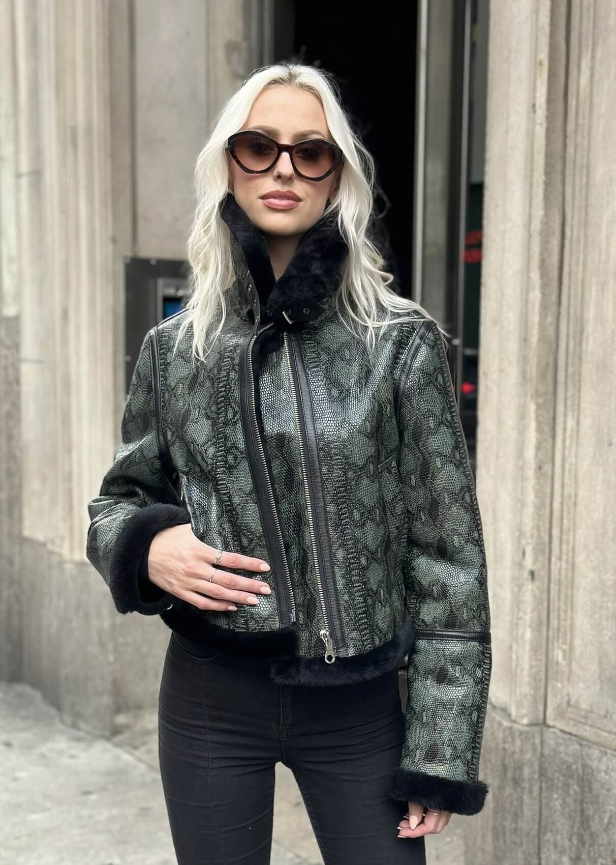 Amy Shearling Aviator Cropped Jacket in Green Snake Print
