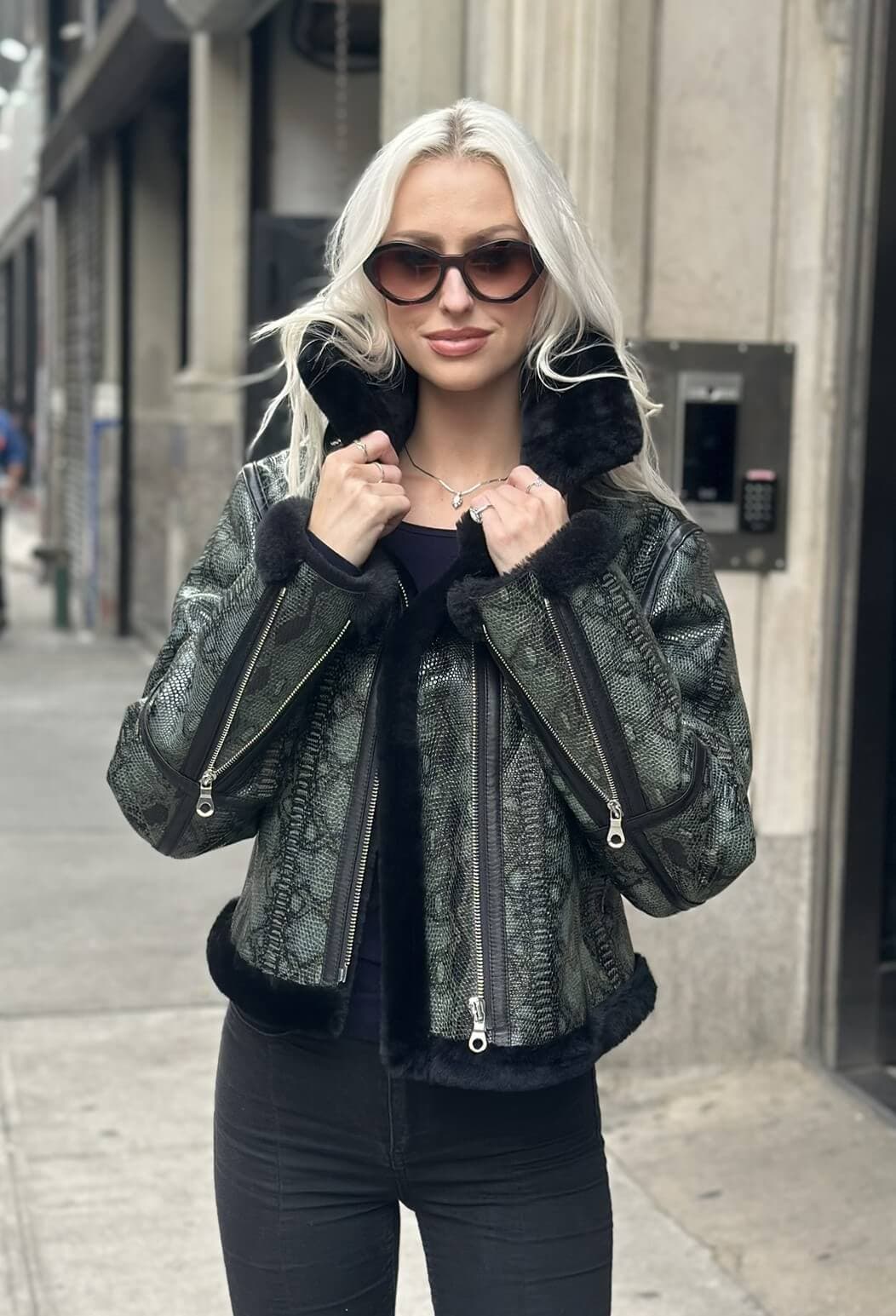 Amy Shearling Aviator Cropped Jacket in Green Snake Print