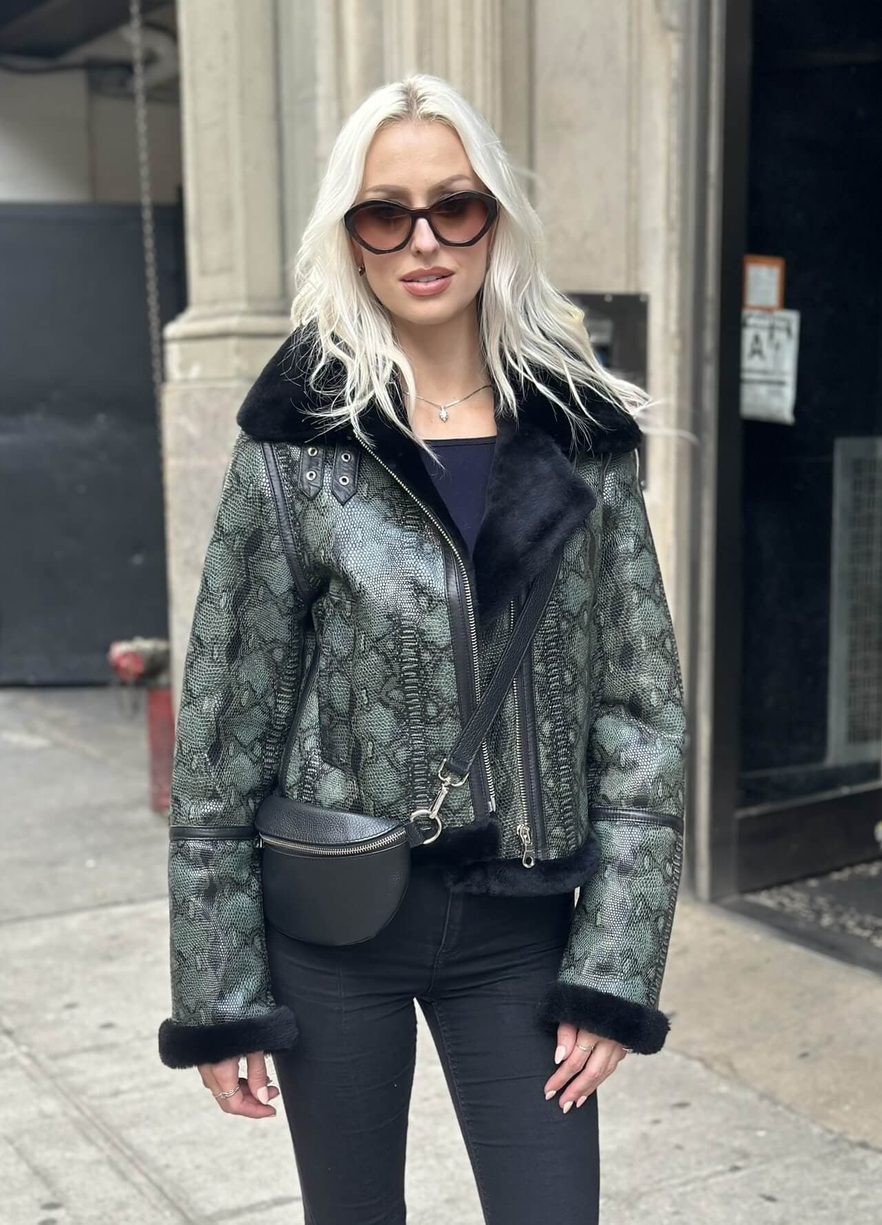 Amy Shearling Aviator Cropped Jacket in Green Snake Print